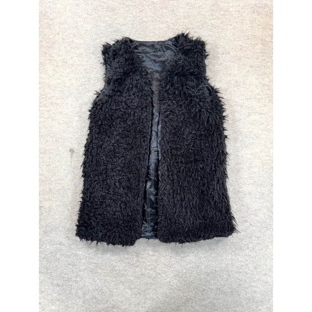 Womens Faux Fur Vest Black Open Front Sleeveless Shaggy Fuzzy Casual Winter S/M